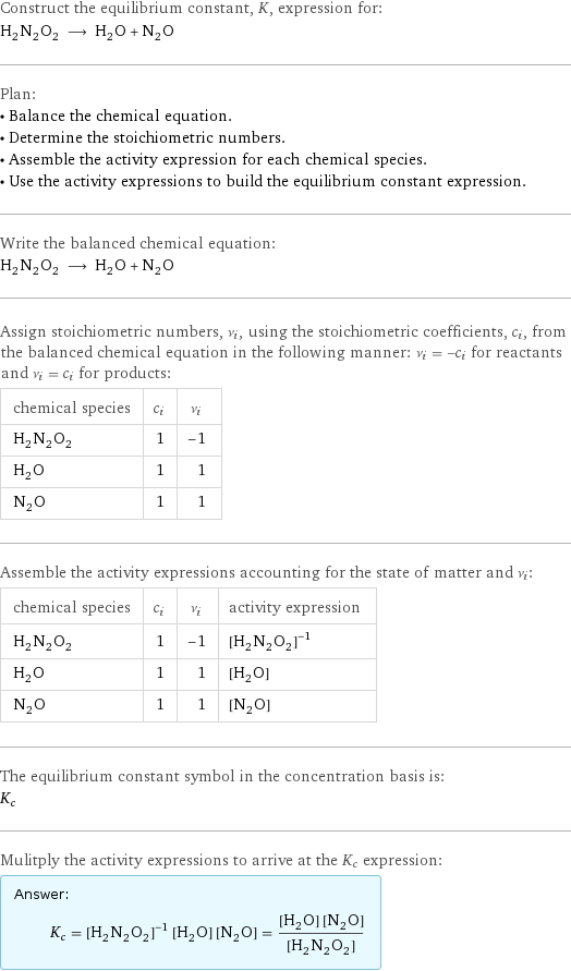 Construct the equilibrium constant, K, expression for: H_2N_2O_2 ⟶ H_2O + N_2O Plan: • Balance the chemical equation. • Determine the stoichiometric numbers. • Assemble the activity expression for each chemical species. • Use the activity expressions to build the equilibrium constant expression. Write the balanced chemical equation: H_2N_2O_2 ⟶ H_2O + N_2O Assign stoichiometric numbers, ν_i, using the stoichiometric coefficients, c_i, from the balanced chemical equation in the following manner: ν_i = -c_i for reactants and ν_i = c_i for products: chemical species | c_i | ν_i H_2N_2O_2 | 1 | -1 H_2O | 1 | 1 N_2O | 1 | 1 Assemble the activity expressions accounting for the state of matter and ν_i: chemical species | c_i | ν_i | activity expression H_2N_2O_2 | 1 | -1 | ([H2N2O2])^(-1) H_2O | 1 | 1 | [H2O] N_2O | 1 | 1 | [N2O] The equilibrium constant symbol in the concentration basis is: K_c Mulitply the activity expressions to arrive at the K_c expression: Answer: |   | K_c = ([H2N2O2])^(-1) [H2O] [N2O] = ([H2O] [N2O])/([H2N2O2])