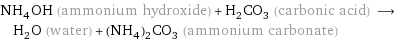 NH_4OH (ammonium hydroxide) + H_2CO_3 (carbonic acid) ⟶ H_2O (water) + (NH_4)_2CO_3 (ammonium carbonate)