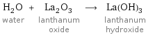 H_2O water + La_2O_3 lanthanum oxide ⟶ La(OH)_3 lanthanum hydroxide