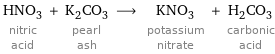 HNO_3 nitric acid + K_2CO_3 pearl ash ⟶ KNO_3 potassium nitrate + H_2CO_3 carbonic acid