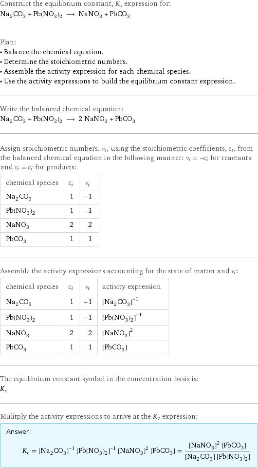 Construct the equilibrium constant, K, expression for: Na_2CO_3 + Pb(NO_3)_2 ⟶ NaNO_3 + PbCO_3 Plan: • Balance the chemical equation. • Determine the stoichiometric numbers. • Assemble the activity expression for each chemical species. • Use the activity expressions to build the equilibrium constant expression. Write the balanced chemical equation: Na_2CO_3 + Pb(NO_3)_2 ⟶ 2 NaNO_3 + PbCO_3 Assign stoichiometric numbers, ν_i, using the stoichiometric coefficients, c_i, from the balanced chemical equation in the following manner: ν_i = -c_i for reactants and ν_i = c_i for products: chemical species | c_i | ν_i Na_2CO_3 | 1 | -1 Pb(NO_3)_2 | 1 | -1 NaNO_3 | 2 | 2 PbCO_3 | 1 | 1 Assemble the activity expressions accounting for the state of matter and ν_i: chemical species | c_i | ν_i | activity expression Na_2CO_3 | 1 | -1 | ([Na2CO3])^(-1) Pb(NO_3)_2 | 1 | -1 | ([Pb(NO3)2])^(-1) NaNO_3 | 2 | 2 | ([NaNO3])^2 PbCO_3 | 1 | 1 | [PbCO3] The equilibrium constant symbol in the concentration basis is: K_c Mulitply the activity expressions to arrive at the K_c expression: Answer: |   | K_c = ([Na2CO3])^(-1) ([Pb(NO3)2])^(-1) ([NaNO3])^2 [PbCO3] = (([NaNO3])^2 [PbCO3])/([Na2CO3] [Pb(NO3)2])