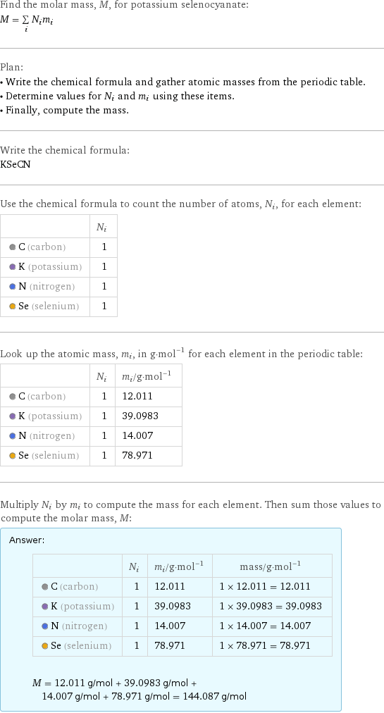 Find the molar mass, M, for potassium selenocyanate: M = sum _iN_im_i Plan: • Write the chemical formula and gather atomic masses from the periodic table. • Determine values for N_i and m_i using these items. • Finally, compute the mass. Write the chemical formula: KSeCN Use the chemical formula to count the number of atoms, N_i, for each element:  | N_i  C (carbon) | 1  K (potassium) | 1  N (nitrogen) | 1  Se (selenium) | 1 Look up the atomic mass, m_i, in g·mol^(-1) for each element in the periodic table:  | N_i | m_i/g·mol^(-1)  C (carbon) | 1 | 12.011  K (potassium) | 1 | 39.0983  N (nitrogen) | 1 | 14.007  Se (selenium) | 1 | 78.971 Multiply N_i by m_i to compute the mass for each element. Then sum those values to compute the molar mass, M: Answer: |   | | N_i | m_i/g·mol^(-1) | mass/g·mol^(-1)  C (carbon) | 1 | 12.011 | 1 × 12.011 = 12.011  K (potassium) | 1 | 39.0983 | 1 × 39.0983 = 39.0983  N (nitrogen) | 1 | 14.007 | 1 × 14.007 = 14.007  Se (selenium) | 1 | 78.971 | 1 × 78.971 = 78.971  M = 12.011 g/mol + 39.0983 g/mol + 14.007 g/mol + 78.971 g/mol = 144.087 g/mol