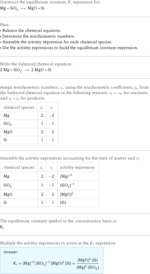 Construct the equilibrium constant, K, expression for: Mg + SiO_2 ⟶ MgO + Si Plan: • Balance the chemical equation. • Determine the stoichiometric numbers. • Assemble the activity expression for each chemical species. • Use the activity expressions to build the equilibrium constant expression. Write the balanced chemical equation: 2 Mg + SiO_2 ⟶ 2 MgO + Si Assign stoichiometric numbers, ν_i, using the stoichiometric coefficients, c_i, from the balanced chemical equation in the following manner: ν_i = -c_i for reactants and ν_i = c_i for products: chemical species | c_i | ν_i Mg | 2 | -2 SiO_2 | 1 | -1 MgO | 2 | 2 Si | 1 | 1 Assemble the activity expressions accounting for the state of matter and ν_i: chemical species | c_i | ν_i | activity expression Mg | 2 | -2 | ([Mg])^(-2) SiO_2 | 1 | -1 | ([SiO2])^(-1) MgO | 2 | 2 | ([MgO])^2 Si | 1 | 1 | [Si] The equilibrium constant symbol in the concentration basis is: K_c Mulitply the activity expressions to arrive at the K_c expression: Answer: |   | K_c = ([Mg])^(-2) ([SiO2])^(-1) ([MgO])^2 [Si] = (([MgO])^2 [Si])/(([Mg])^2 [SiO2])