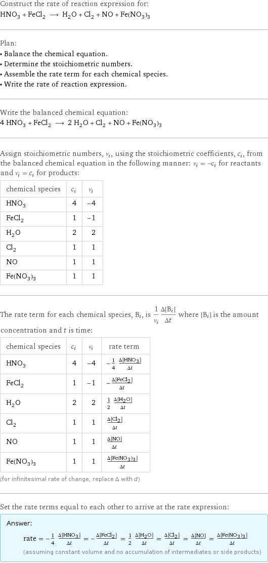 Construct the rate of reaction expression for: HNO_3 + FeCl_2 ⟶ H_2O + Cl_2 + NO + Fe(NO_3)_3 Plan: • Balance the chemical equation. • Determine the stoichiometric numbers. • Assemble the rate term for each chemical species. • Write the rate of reaction expression. Write the balanced chemical equation: 4 HNO_3 + FeCl_2 ⟶ 2 H_2O + Cl_2 + NO + Fe(NO_3)_3 Assign stoichiometric numbers, ν_i, using the stoichiometric coefficients, c_i, from the balanced chemical equation in the following manner: ν_i = -c_i for reactants and ν_i = c_i for products: chemical species | c_i | ν_i HNO_3 | 4 | -4 FeCl_2 | 1 | -1 H_2O | 2 | 2 Cl_2 | 1 | 1 NO | 1 | 1 Fe(NO_3)_3 | 1 | 1 The rate term for each chemical species, B_i, is 1/ν_i(Δ[B_i])/(Δt) where [B_i] is the amount concentration and t is time: chemical species | c_i | ν_i | rate term HNO_3 | 4 | -4 | -1/4 (Δ[HNO3])/(Δt) FeCl_2 | 1 | -1 | -(Δ[FeCl2])/(Δt) H_2O | 2 | 2 | 1/2 (Δ[H2O])/(Δt) Cl_2 | 1 | 1 | (Δ[Cl2])/(Δt) NO | 1 | 1 | (Δ[NO])/(Δt) Fe(NO_3)_3 | 1 | 1 | (Δ[Fe(NO3)3])/(Δt) (for infinitesimal rate of change, replace Δ with d) Set the rate terms equal to each other to arrive at the rate expression: Answer: |   | rate = -1/4 (Δ[HNO3])/(Δt) = -(Δ[FeCl2])/(Δt) = 1/2 (Δ[H2O])/(Δt) = (Δ[Cl2])/(Δt) = (Δ[NO])/(Δt) = (Δ[Fe(NO3)3])/(Δt) (assuming constant volume and no accumulation of intermediates or side products)