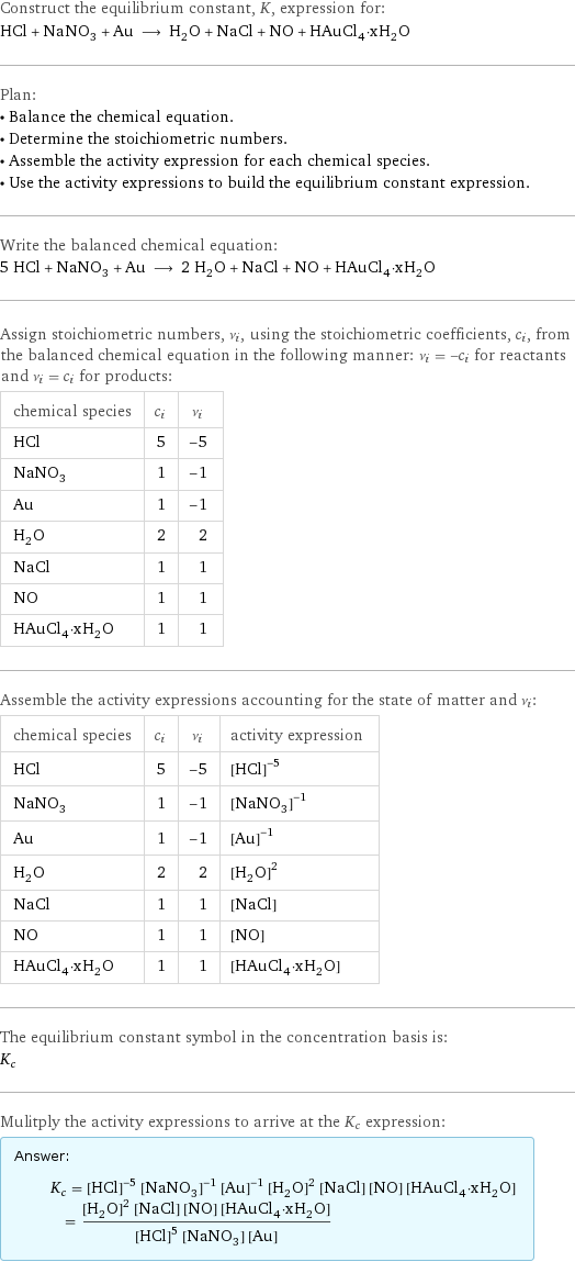 Construct the equilibrium constant, K, expression for: HCl + NaNO_3 + Au ⟶ H_2O + NaCl + NO + HAuCl_4·xH_2O Plan: • Balance the chemical equation. • Determine the stoichiometric numbers. • Assemble the activity expression for each chemical species. • Use the activity expressions to build the equilibrium constant expression. Write the balanced chemical equation: 5 HCl + NaNO_3 + Au ⟶ 2 H_2O + NaCl + NO + HAuCl_4·xH_2O Assign stoichiometric numbers, ν_i, using the stoichiometric coefficients, c_i, from the balanced chemical equation in the following manner: ν_i = -c_i for reactants and ν_i = c_i for products: chemical species | c_i | ν_i HCl | 5 | -5 NaNO_3 | 1 | -1 Au | 1 | -1 H_2O | 2 | 2 NaCl | 1 | 1 NO | 1 | 1 HAuCl_4·xH_2O | 1 | 1 Assemble the activity expressions accounting for the state of matter and ν_i: chemical species | c_i | ν_i | activity expression HCl | 5 | -5 | ([HCl])^(-5) NaNO_3 | 1 | -1 | ([NaNO3])^(-1) Au | 1 | -1 | ([Au])^(-1) H_2O | 2 | 2 | ([H2O])^2 NaCl | 1 | 1 | [NaCl] NO | 1 | 1 | [NO] HAuCl_4·xH_2O | 1 | 1 | [HAuCl4·xH2O] The equilibrium constant symbol in the concentration basis is: K_c Mulitply the activity expressions to arrive at the K_c expression: Answer: |   | K_c = ([HCl])^(-5) ([NaNO3])^(-1) ([Au])^(-1) ([H2O])^2 [NaCl] [NO] [HAuCl4·xH2O] = (([H2O])^2 [NaCl] [NO] [HAuCl4·xH2O])/(([HCl])^5 [NaNO3] [Au])