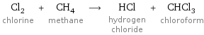 Cl_2 chlorine + CH_4 methane ⟶ HCl hydrogen chloride + CHCl_3 chloroform