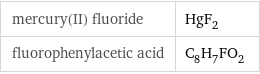 mercury(II) fluoride | HgF_2 fluorophenylacetic acid | C_8H_7FO_2