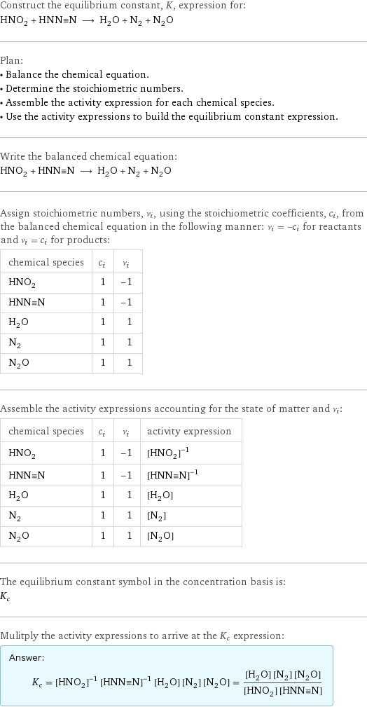 Construct the equilibrium constant, K, expression for: HNO_2 + HNN congruent N ⟶ H_2O + N_2 + N_2O Plan: • Balance the chemical equation. • Determine the stoichiometric numbers. • Assemble the activity expression for each chemical species. • Use the activity expressions to build the equilibrium constant expression. Write the balanced chemical equation: HNO_2 + HNN congruent N ⟶ H_2O + N_2 + N_2O Assign stoichiometric numbers, ν_i, using the stoichiometric coefficients, c_i, from the balanced chemical equation in the following manner: ν_i = -c_i for reactants and ν_i = c_i for products: chemical species | c_i | ν_i HNO_2 | 1 | -1 HNN congruent N | 1 | -1 H_2O | 1 | 1 N_2 | 1 | 1 N_2O | 1 | 1 Assemble the activity expressions accounting for the state of matter and ν_i: chemical species | c_i | ν_i | activity expression HNO_2 | 1 | -1 | ([HNO2])^(-1) HNN congruent N | 1 | -1 | ([HNN congruent N])^(-1) H_2O | 1 | 1 | [H2O] N_2 | 1 | 1 | [N2] N_2O | 1 | 1 | [N2O] The equilibrium constant symbol in the concentration basis is: K_c Mulitply the activity expressions to arrive at the K_c expression: Answer: |   | K_c = ([HNO2])^(-1) ([HNN congruent N])^(-1) [H2O] [N2] [N2O] = ([H2O] [N2] [N2O])/([HNO2] [HNN congruent N])