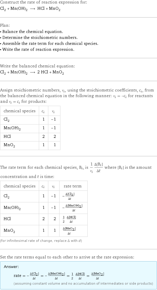 Construct the rate of reaction expression for: Cl_2 + Mn(OH)_2 ⟶ HCl + MnO_2 Plan: • Balance the chemical equation. • Determine the stoichiometric numbers. • Assemble the rate term for each chemical species. • Write the rate of reaction expression. Write the balanced chemical equation: Cl_2 + Mn(OH)_2 ⟶ 2 HCl + MnO_2 Assign stoichiometric numbers, ν_i, using the stoichiometric coefficients, c_i, from the balanced chemical equation in the following manner: ν_i = -c_i for reactants and ν_i = c_i for products: chemical species | c_i | ν_i Cl_2 | 1 | -1 Mn(OH)_2 | 1 | -1 HCl | 2 | 2 MnO_2 | 1 | 1 The rate term for each chemical species, B_i, is 1/ν_i(Δ[B_i])/(Δt) where [B_i] is the amount concentration and t is time: chemical species | c_i | ν_i | rate term Cl_2 | 1 | -1 | -(Δ[Cl2])/(Δt) Mn(OH)_2 | 1 | -1 | -(Δ[Mn(OH)2])/(Δt) HCl | 2 | 2 | 1/2 (Δ[HCl])/(Δt) MnO_2 | 1 | 1 | (Δ[MnO2])/(Δt) (for infinitesimal rate of change, replace Δ with d) Set the rate terms equal to each other to arrive at the rate expression: Answer: |   | rate = -(Δ[Cl2])/(Δt) = -(Δ[Mn(OH)2])/(Δt) = 1/2 (Δ[HCl])/(Δt) = (Δ[MnO2])/(Δt) (assuming constant volume and no accumulation of intermediates or side products)