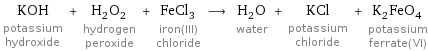 KOH potassium hydroxide + H_2O_2 hydrogen peroxide + FeCl_3 iron(III) chloride ⟶ H_2O water + KCl potassium chloride + K_2FeO_4 potassium ferrate(VI)