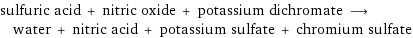 sulfuric acid + nitric oxide + potassium dichromate ⟶ water + nitric acid + potassium sulfate + chromium sulfate