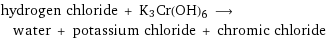 hydrogen chloride + K3Cr(OH)6 ⟶ water + potassium chloride + chromic chloride