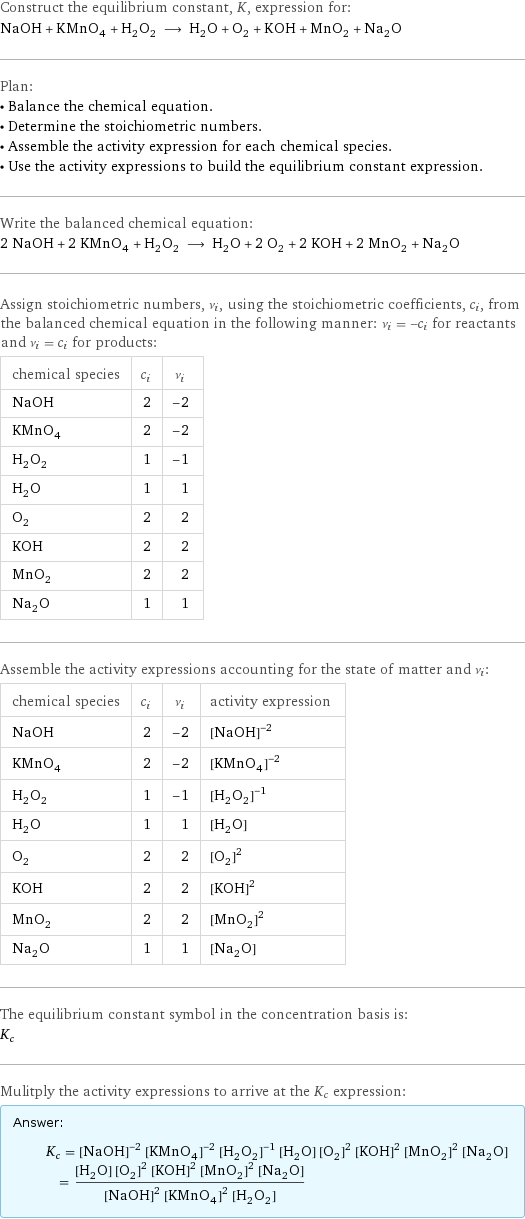 Construct the equilibrium constant, K, expression for: NaOH + KMnO_4 + H_2O_2 ⟶ H_2O + O_2 + KOH + MnO_2 + Na_2O Plan: • Balance the chemical equation. • Determine the stoichiometric numbers. • Assemble the activity expression for each chemical species. • Use the activity expressions to build the equilibrium constant expression. Write the balanced chemical equation: 2 NaOH + 2 KMnO_4 + H_2O_2 ⟶ H_2O + 2 O_2 + 2 KOH + 2 MnO_2 + Na_2O Assign stoichiometric numbers, ν_i, using the stoichiometric coefficients, c_i, from the balanced chemical equation in the following manner: ν_i = -c_i for reactants and ν_i = c_i for products: chemical species | c_i | ν_i NaOH | 2 | -2 KMnO_4 | 2 | -2 H_2O_2 | 1 | -1 H_2O | 1 | 1 O_2 | 2 | 2 KOH | 2 | 2 MnO_2 | 2 | 2 Na_2O | 1 | 1 Assemble the activity expressions accounting for the state of matter and ν_i: chemical species | c_i | ν_i | activity expression NaOH | 2 | -2 | ([NaOH])^(-2) KMnO_4 | 2 | -2 | ([KMnO4])^(-2) H_2O_2 | 1 | -1 | ([H2O2])^(-1) H_2O | 1 | 1 | [H2O] O_2 | 2 | 2 | ([O2])^2 KOH | 2 | 2 | ([KOH])^2 MnO_2 | 2 | 2 | ([MnO2])^2 Na_2O | 1 | 1 | [Na2O] The equilibrium constant symbol in the concentration basis is: K_c Mulitply the activity expressions to arrive at the K_c expression: Answer: |   | K_c = ([NaOH])^(-2) ([KMnO4])^(-2) ([H2O2])^(-1) [H2O] ([O2])^2 ([KOH])^2 ([MnO2])^2 [Na2O] = ([H2O] ([O2])^2 ([KOH])^2 ([MnO2])^2 [Na2O])/(([NaOH])^2 ([KMnO4])^2 [H2O2])