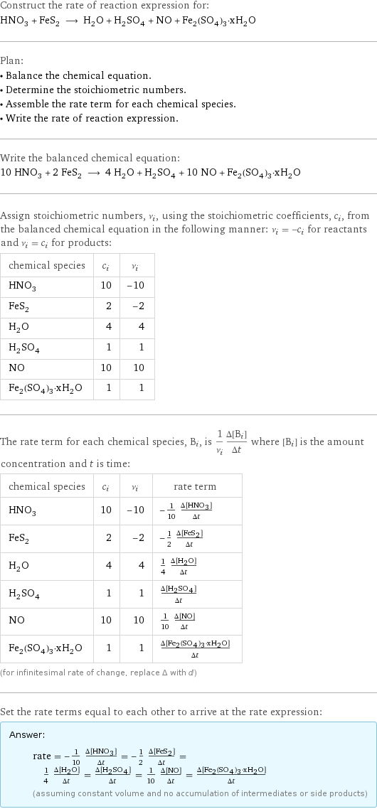 Construct the rate of reaction expression for: HNO_3 + FeS_2 ⟶ H_2O + H_2SO_4 + NO + Fe_2(SO_4)_3·xH_2O Plan: • Balance the chemical equation. • Determine the stoichiometric numbers. • Assemble the rate term for each chemical species. • Write the rate of reaction expression. Write the balanced chemical equation: 10 HNO_3 + 2 FeS_2 ⟶ 4 H_2O + H_2SO_4 + 10 NO + Fe_2(SO_4)_3·xH_2O Assign stoichiometric numbers, ν_i, using the stoichiometric coefficients, c_i, from the balanced chemical equation in the following manner: ν_i = -c_i for reactants and ν_i = c_i for products: chemical species | c_i | ν_i HNO_3 | 10 | -10 FeS_2 | 2 | -2 H_2O | 4 | 4 H_2SO_4 | 1 | 1 NO | 10 | 10 Fe_2(SO_4)_3·xH_2O | 1 | 1 The rate term for each chemical species, B_i, is 1/ν_i(Δ[B_i])/(Δt) where [B_i] is the amount concentration and t is time: chemical species | c_i | ν_i | rate term HNO_3 | 10 | -10 | -1/10 (Δ[HNO3])/(Δt) FeS_2 | 2 | -2 | -1/2 (Δ[FeS2])/(Δt) H_2O | 4 | 4 | 1/4 (Δ[H2O])/(Δt) H_2SO_4 | 1 | 1 | (Δ[H2SO4])/(Δt) NO | 10 | 10 | 1/10 (Δ[NO])/(Δt) Fe_2(SO_4)_3·xH_2O | 1 | 1 | (Δ[Fe2(SO4)3·xH2O])/(Δt) (for infinitesimal rate of change, replace Δ with d) Set the rate terms equal to each other to arrive at the rate expression: Answer: |   | rate = -1/10 (Δ[HNO3])/(Δt) = -1/2 (Δ[FeS2])/(Δt) = 1/4 (Δ[H2O])/(Δt) = (Δ[H2SO4])/(Δt) = 1/10 (Δ[NO])/(Δt) = (Δ[Fe2(SO4)3·xH2O])/(Δt) (assuming constant volume and no accumulation of intermediates or side products)