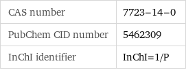 CAS number | 7723-14-0 PubChem CID number | 5462309 InChI identifier | InChI=1/P