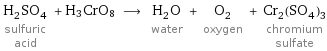 H_2SO_4 sulfuric acid + H3CrO8 ⟶ H_2O water + O_2 oxygen + Cr_2(SO_4)_3 chromium sulfate