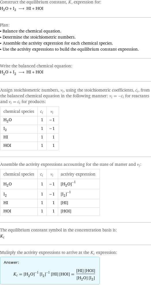 Construct the equilibrium constant, K, expression for: H_2O + I_2 ⟶ HI + HOI Plan: • Balance the chemical equation. • Determine the stoichiometric numbers. • Assemble the activity expression for each chemical species. • Use the activity expressions to build the equilibrium constant expression. Write the balanced chemical equation: H_2O + I_2 ⟶ HI + HOI Assign stoichiometric numbers, ν_i, using the stoichiometric coefficients, c_i, from the balanced chemical equation in the following manner: ν_i = -c_i for reactants and ν_i = c_i for products: chemical species | c_i | ν_i H_2O | 1 | -1 I_2 | 1 | -1 HI | 1 | 1 HOI | 1 | 1 Assemble the activity expressions accounting for the state of matter and ν_i: chemical species | c_i | ν_i | activity expression H_2O | 1 | -1 | ([H2O])^(-1) I_2 | 1 | -1 | ([I2])^(-1) HI | 1 | 1 | [HI] HOI | 1 | 1 | [HOI] The equilibrium constant symbol in the concentration basis is: K_c Mulitply the activity expressions to arrive at the K_c expression: Answer: |   | K_c = ([H2O])^(-1) ([I2])^(-1) [HI] [HOI] = ([HI] [HOI])/([H2O] [I2])