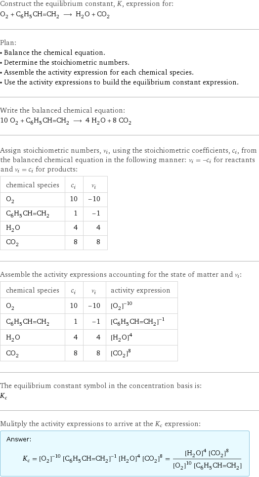 Construct the equilibrium constant, K, expression for: O_2 + C_6H_5CH=CH_2 ⟶ H_2O + CO_2 Plan: • Balance the chemical equation. • Determine the stoichiometric numbers. • Assemble the activity expression for each chemical species. • Use the activity expressions to build the equilibrium constant expression. Write the balanced chemical equation: 10 O_2 + C_6H_5CH=CH_2 ⟶ 4 H_2O + 8 CO_2 Assign stoichiometric numbers, ν_i, using the stoichiometric coefficients, c_i, from the balanced chemical equation in the following manner: ν_i = -c_i for reactants and ν_i = c_i for products: chemical species | c_i | ν_i O_2 | 10 | -10 C_6H_5CH=CH_2 | 1 | -1 H_2O | 4 | 4 CO_2 | 8 | 8 Assemble the activity expressions accounting for the state of matter and ν_i: chemical species | c_i | ν_i | activity expression O_2 | 10 | -10 | ([O2])^(-10) C_6H_5CH=CH_2 | 1 | -1 | ([C6H5CH=CH2])^(-1) H_2O | 4 | 4 | ([H2O])^4 CO_2 | 8 | 8 | ([CO2])^8 The equilibrium constant symbol in the concentration basis is: K_c Mulitply the activity expressions to arrive at the K_c expression: Answer: |   | K_c = ([O2])^(-10) ([C6H5CH=CH2])^(-1) ([H2O])^4 ([CO2])^8 = (([H2O])^4 ([CO2])^8)/(([O2])^10 [C6H5CH=CH2])