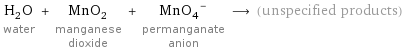 H_2O water + MnO_2 manganese dioxide + (MnO_4)^- permanganate anion ⟶ (unspecified products)