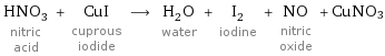 HNO_3 nitric acid + CuI cuprous iodide ⟶ H_2O water + I_2 iodine + NO nitric oxide + CuNO3