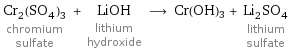 Cr_2(SO_4)_3 chromium sulfate + LiOH lithium hydroxide ⟶ Cr(OH)3 + Li_2SO_4 lithium sulfate