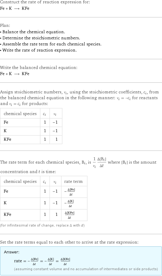 Construct the rate of reaction expression for: Fe + K ⟶ KFe Plan: • Balance the chemical equation. • Determine the stoichiometric numbers. • Assemble the rate term for each chemical species. • Write the rate of reaction expression. Write the balanced chemical equation: Fe + K ⟶ KFe Assign stoichiometric numbers, ν_i, using the stoichiometric coefficients, c_i, from the balanced chemical equation in the following manner: ν_i = -c_i for reactants and ν_i = c_i for products: chemical species | c_i | ν_i Fe | 1 | -1 K | 1 | -1 KFe | 1 | 1 The rate term for each chemical species, B_i, is 1/ν_i(Δ[B_i])/(Δt) where [B_i] is the amount concentration and t is time: chemical species | c_i | ν_i | rate term Fe | 1 | -1 | -(Δ[Fe])/(Δt) K | 1 | -1 | -(Δ[K])/(Δt) KFe | 1 | 1 | (Δ[KFe])/(Δt) (for infinitesimal rate of change, replace Δ with d) Set the rate terms equal to each other to arrive at the rate expression: Answer: |   | rate = -(Δ[Fe])/(Δt) = -(Δ[K])/(Δt) = (Δ[KFe])/(Δt) (assuming constant volume and no accumulation of intermediates or side products)