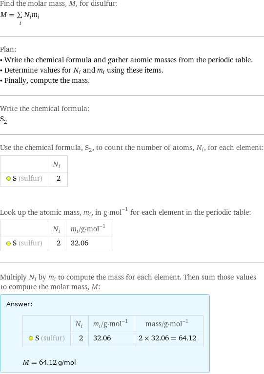 Find the molar mass, M, for disulfur: M = sum _iN_im_i Plan: • Write the chemical formula and gather atomic masses from the periodic table. • Determine values for N_i and m_i using these items. • Finally, compute the mass. Write the chemical formula: S_2 Use the chemical formula, S_2, to count the number of atoms, N_i, for each element:  | N_i  S (sulfur) | 2 Look up the atomic mass, m_i, in g·mol^(-1) for each element in the periodic table:  | N_i | m_i/g·mol^(-1)  S (sulfur) | 2 | 32.06 Multiply N_i by m_i to compute the mass for each element. Then sum those values to compute the molar mass, M: Answer: |   | | N_i | m_i/g·mol^(-1) | mass/g·mol^(-1)  S (sulfur) | 2 | 32.06 | 2 × 32.06 = 64.12  M = 64.12 g/mol