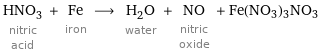 HNO_3 nitric acid + Fe iron ⟶ H_2O water + NO nitric oxide + Fe(NO3)3NO3