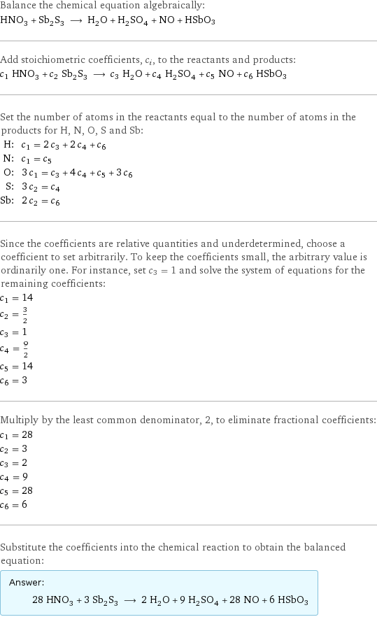 Balance the chemical equation algebraically: HNO_3 + Sb_2S_3 ⟶ H_2O + H_2SO_4 + NO + HSbO3 Add stoichiometric coefficients, c_i, to the reactants and products: c_1 HNO_3 + c_2 Sb_2S_3 ⟶ c_3 H_2O + c_4 H_2SO_4 + c_5 NO + c_6 HSbO3 Set the number of atoms in the reactants equal to the number of atoms in the products for H, N, O, S and Sb: H: | c_1 = 2 c_3 + 2 c_4 + c_6 N: | c_1 = c_5 O: | 3 c_1 = c_3 + 4 c_4 + c_5 + 3 c_6 S: | 3 c_2 = c_4 Sb: | 2 c_2 = c_6 Since the coefficients are relative quantities and underdetermined, choose a coefficient to set arbitrarily. To keep the coefficients small, the arbitrary value is ordinarily one. For instance, set c_3 = 1 and solve the system of equations for the remaining coefficients: c_1 = 14 c_2 = 3/2 c_3 = 1 c_4 = 9/2 c_5 = 14 c_6 = 3 Multiply by the least common denominator, 2, to eliminate fractional coefficients: c_1 = 28 c_2 = 3 c_3 = 2 c_4 = 9 c_5 = 28 c_6 = 6 Substitute the coefficients into the chemical reaction to obtain the balanced equation: Answer: |   | 28 HNO_3 + 3 Sb_2S_3 ⟶ 2 H_2O + 9 H_2SO_4 + 28 NO + 6 HSbO3