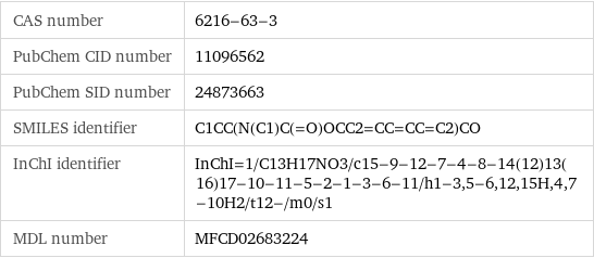 CAS number | 6216-63-3 PubChem CID number | 11096562 PubChem SID number | 24873663 SMILES identifier | C1CC(N(C1)C(=O)OCC2=CC=CC=C2)CO InChI identifier | InChI=1/C13H17NO3/c15-9-12-7-4-8-14(12)13(16)17-10-11-5-2-1-3-6-11/h1-3, 5-6, 12, 15H, 4, 7-10H2/t12-/m0/s1 MDL number | MFCD02683224