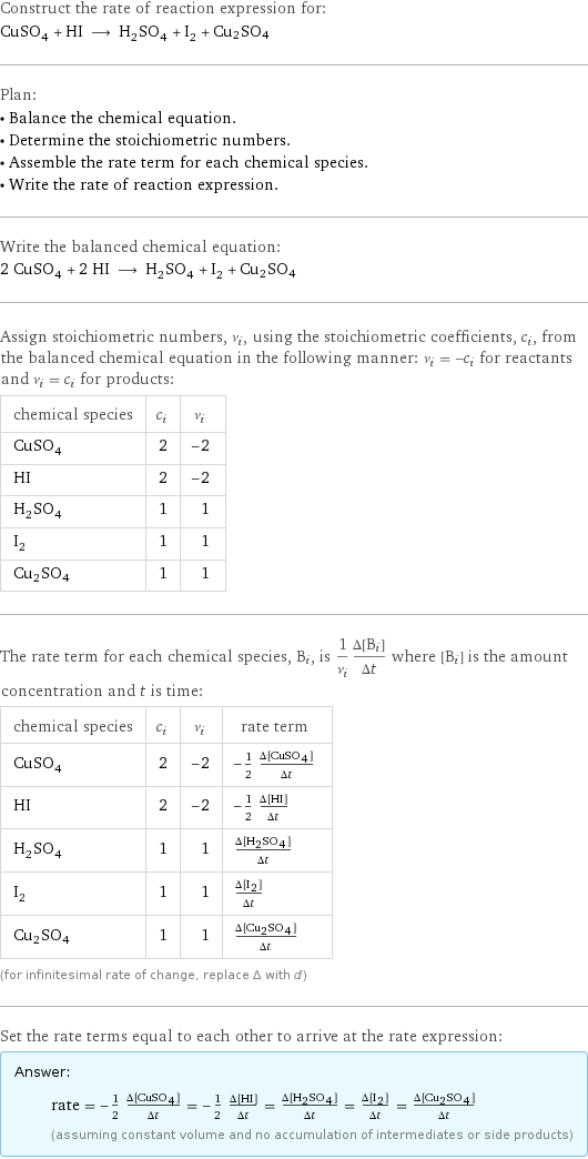 Construct the rate of reaction expression for: CuSO_4 + HI ⟶ H_2SO_4 + I_2 + Cu2SO4 Plan: • Balance the chemical equation. • Determine the stoichiometric numbers. • Assemble the rate term for each chemical species. • Write the rate of reaction expression. Write the balanced chemical equation: 2 CuSO_4 + 2 HI ⟶ H_2SO_4 + I_2 + Cu2SO4 Assign stoichiometric numbers, ν_i, using the stoichiometric coefficients, c_i, from the balanced chemical equation in the following manner: ν_i = -c_i for reactants and ν_i = c_i for products: chemical species | c_i | ν_i CuSO_4 | 2 | -2 HI | 2 | -2 H_2SO_4 | 1 | 1 I_2 | 1 | 1 Cu2SO4 | 1 | 1 The rate term for each chemical species, B_i, is 1/ν_i(Δ[B_i])/(Δt) where [B_i] is the amount concentration and t is time: chemical species | c_i | ν_i | rate term CuSO_4 | 2 | -2 | -1/2 (Δ[CuSO4])/(Δt) HI | 2 | -2 | -1/2 (Δ[HI])/(Δt) H_2SO_4 | 1 | 1 | (Δ[H2SO4])/(Δt) I_2 | 1 | 1 | (Δ[I2])/(Δt) Cu2SO4 | 1 | 1 | (Δ[Cu2SO4])/(Δt) (for infinitesimal rate of change, replace Δ with d) Set the rate terms equal to each other to arrive at the rate expression: Answer: |   | rate = -1/2 (Δ[CuSO4])/(Δt) = -1/2 (Δ[HI])/(Δt) = (Δ[H2SO4])/(Δt) = (Δ[I2])/(Δt) = (Δ[Cu2SO4])/(Δt) (assuming constant volume and no accumulation of intermediates or side products)