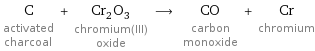 C activated charcoal + Cr_2O_3 chromium(III) oxide ⟶ CO carbon monoxide + Cr chromium