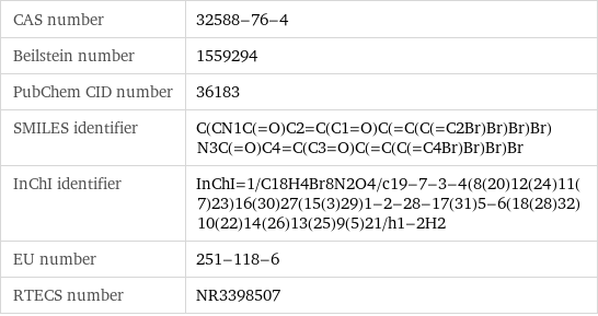 CAS number | 32588-76-4 Beilstein number | 1559294 PubChem CID number | 36183 SMILES identifier | C(CN1C(=O)C2=C(C1=O)C(=C(C(=C2Br)Br)Br)Br)N3C(=O)C4=C(C3=O)C(=C(C(=C4Br)Br)Br)Br InChI identifier | InChI=1/C18H4Br8N2O4/c19-7-3-4(8(20)12(24)11(7)23)16(30)27(15(3)29)1-2-28-17(31)5-6(18(28)32)10(22)14(26)13(25)9(5)21/h1-2H2 EU number | 251-118-6 RTECS number | NR3398507