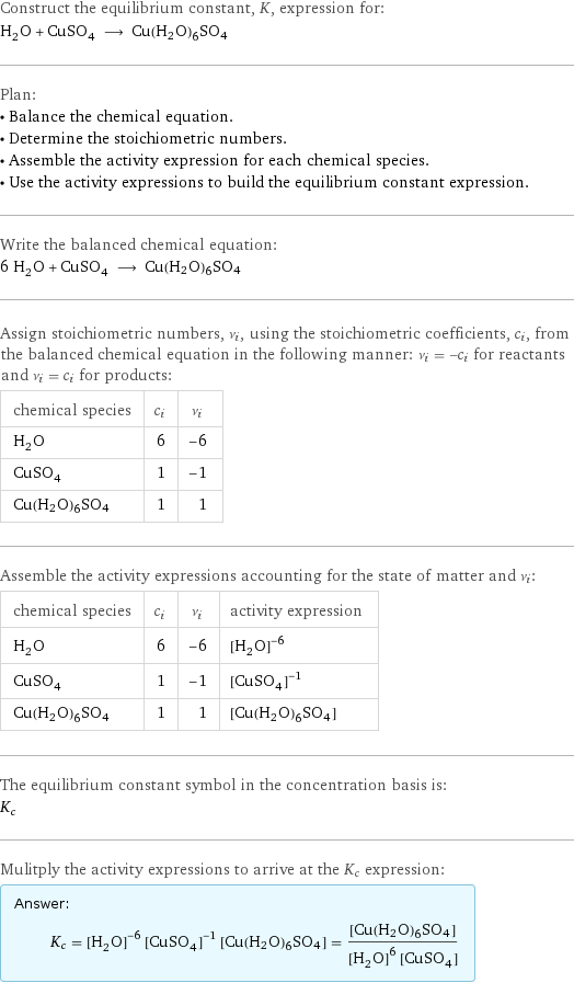 Construct the equilibrium constant, K, expression for: H_2O + CuSO_4 ⟶ Cu(H2O)6SO4 Plan: • Balance the chemical equation. • Determine the stoichiometric numbers. • Assemble the activity expression for each chemical species. • Use the activity expressions to build the equilibrium constant expression. Write the balanced chemical equation: 6 H_2O + CuSO_4 ⟶ Cu(H2O)6SO4 Assign stoichiometric numbers, ν_i, using the stoichiometric coefficients, c_i, from the balanced chemical equation in the following manner: ν_i = -c_i for reactants and ν_i = c_i for products: chemical species | c_i | ν_i H_2O | 6 | -6 CuSO_4 | 1 | -1 Cu(H2O)6SO4 | 1 | 1 Assemble the activity expressions accounting for the state of matter and ν_i: chemical species | c_i | ν_i | activity expression H_2O | 6 | -6 | ([H2O])^(-6) CuSO_4 | 1 | -1 | ([CuSO4])^(-1) Cu(H2O)6SO4 | 1 | 1 | [Cu(H2O)6SO4] The equilibrium constant symbol in the concentration basis is: K_c Mulitply the activity expressions to arrive at the K_c expression: Answer: |   | K_c = ([H2O])^(-6) ([CuSO4])^(-1) [Cu(H2O)6SO4] = ([Cu(H2O)6SO4])/(([H2O])^6 [CuSO4])