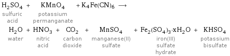 H_2SO_4 sulfuric acid + KMnO_4 potassium permanganate + K4Fe(CN)6 ⟶ H_2O water + HNO_3 nitric acid + CO_2 carbon dioxide + MnSO_4 manganese(II) sulfate + Fe_2(SO_4)_3·xH_2O iron(III) sulfate hydrate + KHSO_4 potassium bisulfate