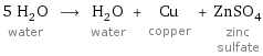 5 H_2O water ⟶ H_2O water + Cu copper + ZnSO_4 zinc sulfate