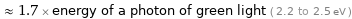  ≈ 1.7 × energy of a photon of green light ( 2.2 to 2.5 eV )