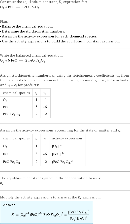 Construct the equilibrium constant, K, expression for: O_2 + FeO ⟶ FeO·Fe_2O_3 Plan: • Balance the chemical equation. • Determine the stoichiometric numbers. • Assemble the activity expression for each chemical species. • Use the activity expressions to build the equilibrium constant expression. Write the balanced chemical equation: O_2 + 6 FeO ⟶ 2 FeO·Fe_2O_3 Assign stoichiometric numbers, ν_i, using the stoichiometric coefficients, c_i, from the balanced chemical equation in the following manner: ν_i = -c_i for reactants and ν_i = c_i for products: chemical species | c_i | ν_i O_2 | 1 | -1 FeO | 6 | -6 FeO·Fe_2O_3 | 2 | 2 Assemble the activity expressions accounting for the state of matter and ν_i: chemical species | c_i | ν_i | activity expression O_2 | 1 | -1 | ([O2])^(-1) FeO | 6 | -6 | ([FeO])^(-6) FeO·Fe_2O_3 | 2 | 2 | ([FeO·Fe2O3])^2 The equilibrium constant symbol in the concentration basis is: K_c Mulitply the activity expressions to arrive at the K_c expression: Answer: |   | K_c = ([O2])^(-1) ([FeO])^(-6) ([FeO·Fe2O3])^2 = ([FeO·Fe2O3])^2/([O2] ([FeO])^6)