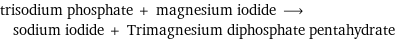 trisodium phosphate + magnesium iodide ⟶ sodium iodide + Trimagnesium diphosphate pentahydrate