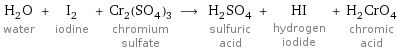 H_2O water + I_2 iodine + Cr_2(SO_4)_3 chromium sulfate ⟶ H_2SO_4 sulfuric acid + HI hydrogen iodide + H_2CrO_4 chromic acid