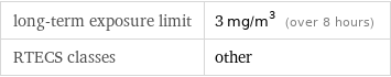 long-term exposure limit | 3 mg/m^3 (over 8 hours) RTECS classes | other