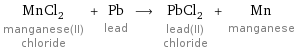 MnCl_2 manganese(II) chloride + Pb lead ⟶ PbCl_2 lead(II) chloride + Mn manganese