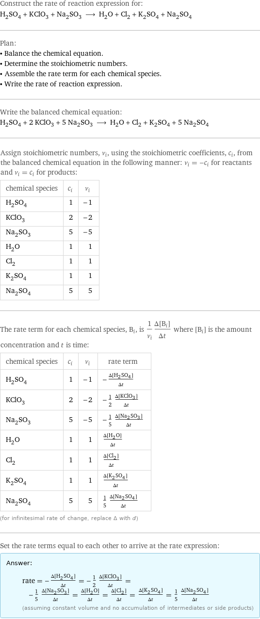 Construct the rate of reaction expression for: H_2SO_4 + KClO_3 + Na_2SO_3 ⟶ H_2O + Cl_2 + K_2SO_4 + Na_2SO_4 Plan: • Balance the chemical equation. • Determine the stoichiometric numbers. • Assemble the rate term for each chemical species. • Write the rate of reaction expression. Write the balanced chemical equation: H_2SO_4 + 2 KClO_3 + 5 Na_2SO_3 ⟶ H_2O + Cl_2 + K_2SO_4 + 5 Na_2SO_4 Assign stoichiometric numbers, ν_i, using the stoichiometric coefficients, c_i, from the balanced chemical equation in the following manner: ν_i = -c_i for reactants and ν_i = c_i for products: chemical species | c_i | ν_i H_2SO_4 | 1 | -1 KClO_3 | 2 | -2 Na_2SO_3 | 5 | -5 H_2O | 1 | 1 Cl_2 | 1 | 1 K_2SO_4 | 1 | 1 Na_2SO_4 | 5 | 5 The rate term for each chemical species, B_i, is 1/ν_i(Δ[B_i])/(Δt) where [B_i] is the amount concentration and t is time: chemical species | c_i | ν_i | rate term H_2SO_4 | 1 | -1 | -(Δ[H2SO4])/(Δt) KClO_3 | 2 | -2 | -1/2 (Δ[KClO3])/(Δt) Na_2SO_3 | 5 | -5 | -1/5 (Δ[Na2SO3])/(Δt) H_2O | 1 | 1 | (Δ[H2O])/(Δt) Cl_2 | 1 | 1 | (Δ[Cl2])/(Δt) K_2SO_4 | 1 | 1 | (Δ[K2SO4])/(Δt) Na_2SO_4 | 5 | 5 | 1/5 (Δ[Na2SO4])/(Δt) (for infinitesimal rate of change, replace Δ with d) Set the rate terms equal to each other to arrive at the rate expression: Answer: |   | rate = -(Δ[H2SO4])/(Δt) = -1/2 (Δ[KClO3])/(Δt) = -1/5 (Δ[Na2SO3])/(Δt) = (Δ[H2O])/(Δt) = (Δ[Cl2])/(Δt) = (Δ[K2SO4])/(Δt) = 1/5 (Δ[Na2SO4])/(Δt) (assuming constant volume and no accumulation of intermediates or side products)