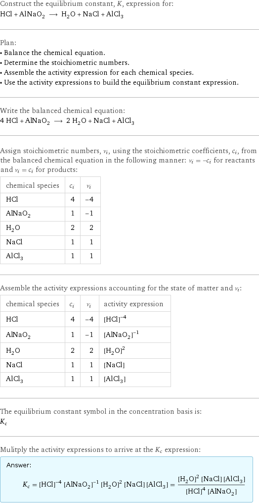 Construct the equilibrium constant, K, expression for: HCl + AlNaO_2 ⟶ H_2O + NaCl + AlCl_3 Plan: • Balance the chemical equation. • Determine the stoichiometric numbers. • Assemble the activity expression for each chemical species. • Use the activity expressions to build the equilibrium constant expression. Write the balanced chemical equation: 4 HCl + AlNaO_2 ⟶ 2 H_2O + NaCl + AlCl_3 Assign stoichiometric numbers, ν_i, using the stoichiometric coefficients, c_i, from the balanced chemical equation in the following manner: ν_i = -c_i for reactants and ν_i = c_i for products: chemical species | c_i | ν_i HCl | 4 | -4 AlNaO_2 | 1 | -1 H_2O | 2 | 2 NaCl | 1 | 1 AlCl_3 | 1 | 1 Assemble the activity expressions accounting for the state of matter and ν_i: chemical species | c_i | ν_i | activity expression HCl | 4 | -4 | ([HCl])^(-4) AlNaO_2 | 1 | -1 | ([AlNaO2])^(-1) H_2O | 2 | 2 | ([H2O])^2 NaCl | 1 | 1 | [NaCl] AlCl_3 | 1 | 1 | [AlCl3] The equilibrium constant symbol in the concentration basis is: K_c Mulitply the activity expressions to arrive at the K_c expression: Answer: |   | K_c = ([HCl])^(-4) ([AlNaO2])^(-1) ([H2O])^2 [NaCl] [AlCl3] = (([H2O])^2 [NaCl] [AlCl3])/(([HCl])^4 [AlNaO2])