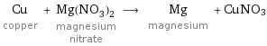 Cu copper + Mg(NO_3)_2 magnesium nitrate ⟶ Mg magnesium + CuNO3