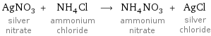 AgNO_3 silver nitrate + NH_4Cl ammonium chloride ⟶ NH_4NO_3 ammonium nitrate + AgCl silver chloride