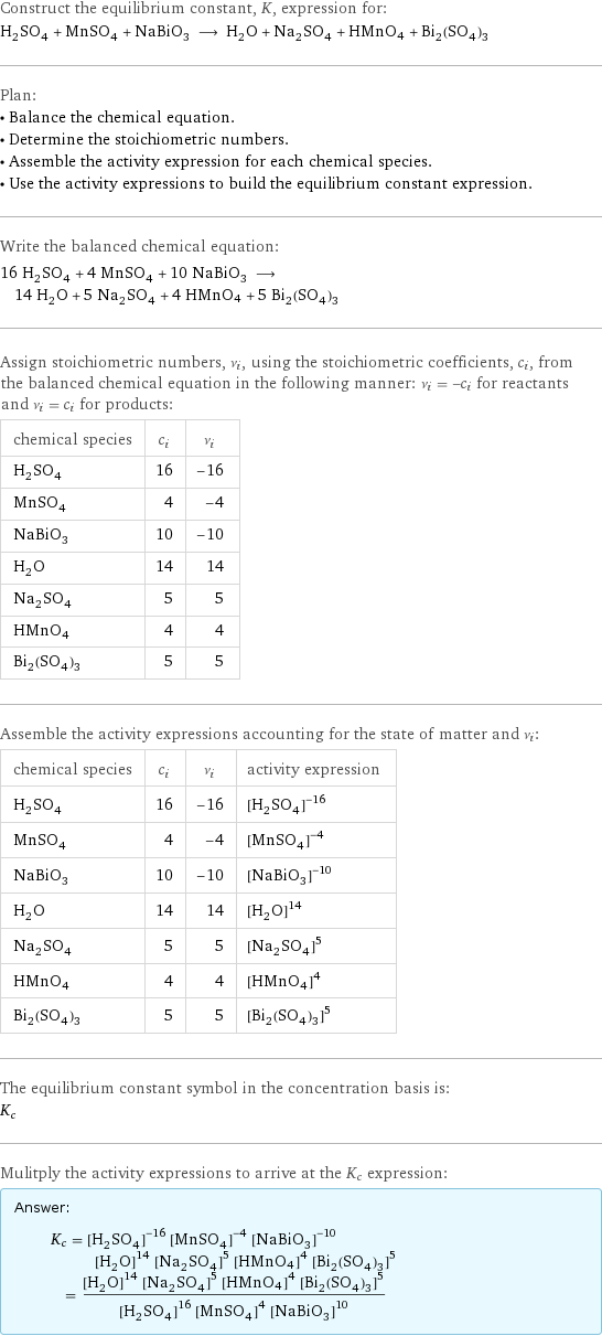 Construct the equilibrium constant, K, expression for: H_2SO_4 + MnSO_4 + NaBiO_3 ⟶ H_2O + Na_2SO_4 + HMnO4 + Bi_2(SO_4)_3 Plan: • Balance the chemical equation. • Determine the stoichiometric numbers. • Assemble the activity expression for each chemical species. • Use the activity expressions to build the equilibrium constant expression. Write the balanced chemical equation: 16 H_2SO_4 + 4 MnSO_4 + 10 NaBiO_3 ⟶ 14 H_2O + 5 Na_2SO_4 + 4 HMnO4 + 5 Bi_2(SO_4)_3 Assign stoichiometric numbers, ν_i, using the stoichiometric coefficients, c_i, from the balanced chemical equation in the following manner: ν_i = -c_i for reactants and ν_i = c_i for products: chemical species | c_i | ν_i H_2SO_4 | 16 | -16 MnSO_4 | 4 | -4 NaBiO_3 | 10 | -10 H_2O | 14 | 14 Na_2SO_4 | 5 | 5 HMnO4 | 4 | 4 Bi_2(SO_4)_3 | 5 | 5 Assemble the activity expressions accounting for the state of matter and ν_i: chemical species | c_i | ν_i | activity expression H_2SO_4 | 16 | -16 | ([H2SO4])^(-16) MnSO_4 | 4 | -4 | ([MnSO4])^(-4) NaBiO_3 | 10 | -10 | ([NaBiO3])^(-10) H_2O | 14 | 14 | ([H2O])^14 Na_2SO_4 | 5 | 5 | ([Na2SO4])^5 HMnO4 | 4 | 4 | ([HMnO4])^4 Bi_2(SO_4)_3 | 5 | 5 | ([Bi2(SO4)3])^5 The equilibrium constant symbol in the concentration basis is: K_c Mulitply the activity expressions to arrive at the K_c expression: Answer: |   | K_c = ([H2SO4])^(-16) ([MnSO4])^(-4) ([NaBiO3])^(-10) ([H2O])^14 ([Na2SO4])^5 ([HMnO4])^4 ([Bi2(SO4)3])^5 = (([H2O])^14 ([Na2SO4])^5 ([HMnO4])^4 ([Bi2(SO4)3])^5)/(([H2SO4])^16 ([MnSO4])^4 ([NaBiO3])^10)