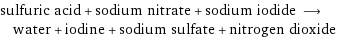 sulfuric acid + sodium nitrate + sodium iodide ⟶ water + iodine + sodium sulfate + nitrogen dioxide