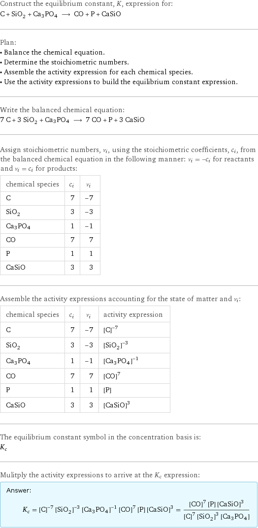 Construct the equilibrium constant, K, expression for: C + SiO_2 + Ca3PO4 ⟶ CO + P + CaSiO Plan: • Balance the chemical equation. • Determine the stoichiometric numbers. • Assemble the activity expression for each chemical species. • Use the activity expressions to build the equilibrium constant expression. Write the balanced chemical equation: 7 C + 3 SiO_2 + Ca3PO4 ⟶ 7 CO + P + 3 CaSiO Assign stoichiometric numbers, ν_i, using the stoichiometric coefficients, c_i, from the balanced chemical equation in the following manner: ν_i = -c_i for reactants and ν_i = c_i for products: chemical species | c_i | ν_i C | 7 | -7 SiO_2 | 3 | -3 Ca3PO4 | 1 | -1 CO | 7 | 7 P | 1 | 1 CaSiO | 3 | 3 Assemble the activity expressions accounting for the state of matter and ν_i: chemical species | c_i | ν_i | activity expression C | 7 | -7 | ([C])^(-7) SiO_2 | 3 | -3 | ([SiO2])^(-3) Ca3PO4 | 1 | -1 | ([Ca3PO4])^(-1) CO | 7 | 7 | ([CO])^7 P | 1 | 1 | [P] CaSiO | 3 | 3 | ([CaSiO])^3 The equilibrium constant symbol in the concentration basis is: K_c Mulitply the activity expressions to arrive at the K_c expression: Answer: |   | K_c = ([C])^(-7) ([SiO2])^(-3) ([Ca3PO4])^(-1) ([CO])^7 [P] ([CaSiO])^3 = (([CO])^7 [P] ([CaSiO])^3)/(([C])^7 ([SiO2])^3 [Ca3PO4])