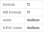 formula | Tl Hill formula | Tl name | thallium IUPAC name | thallium